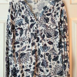 Style & Co Navy, Multicolored and White 3 Button Cotton Long Sleeve Blouse